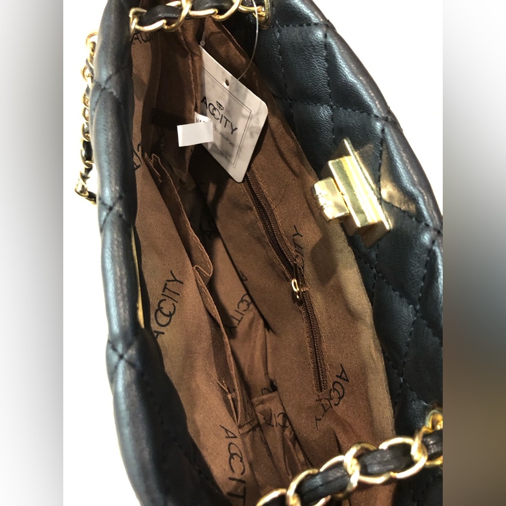 Women’s Shoulder Bag Diamond Quilted Gold Chain Vegan Leather Black - Picture 3 of 6